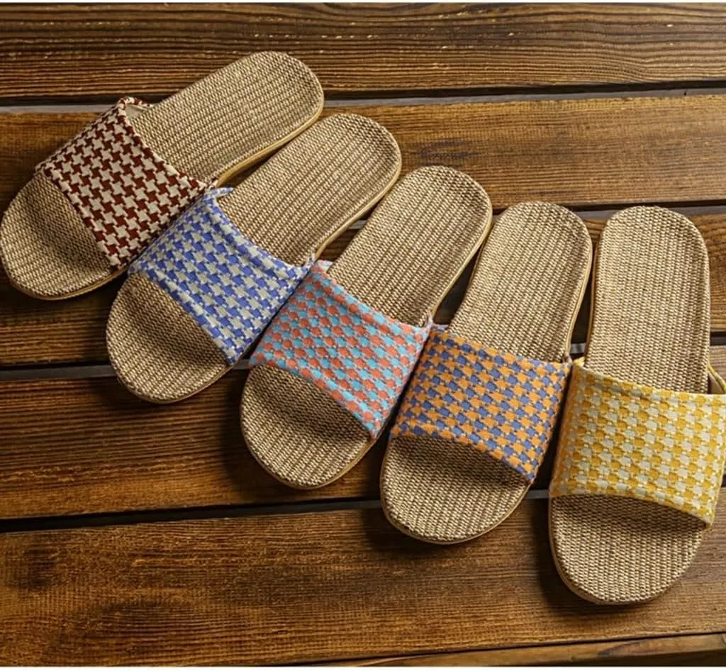 Rattan Slippers House Slippers for Women Men Open Toe, Womens Slippers Summer Home Indoor Linen Slippers Indoor Outdoor Wooden Floor Mute Couple Breathable Shoes