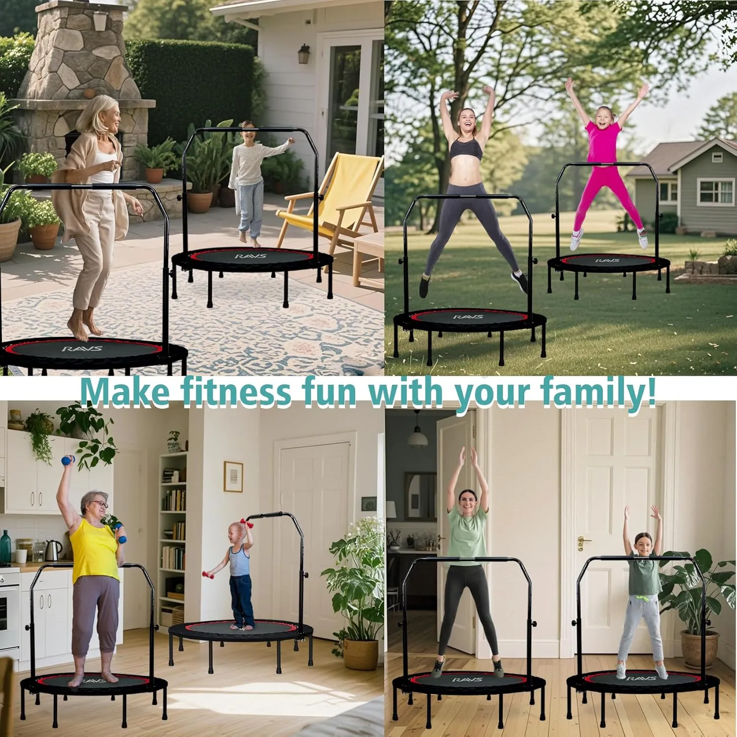 RAVS Mini Trampoline for Kids Adults 40"/48" Foldable Fitness Rebounder Kids Trampoline with 5 Levels Height Adjustable Handle Resistance Bands Indoor Workout