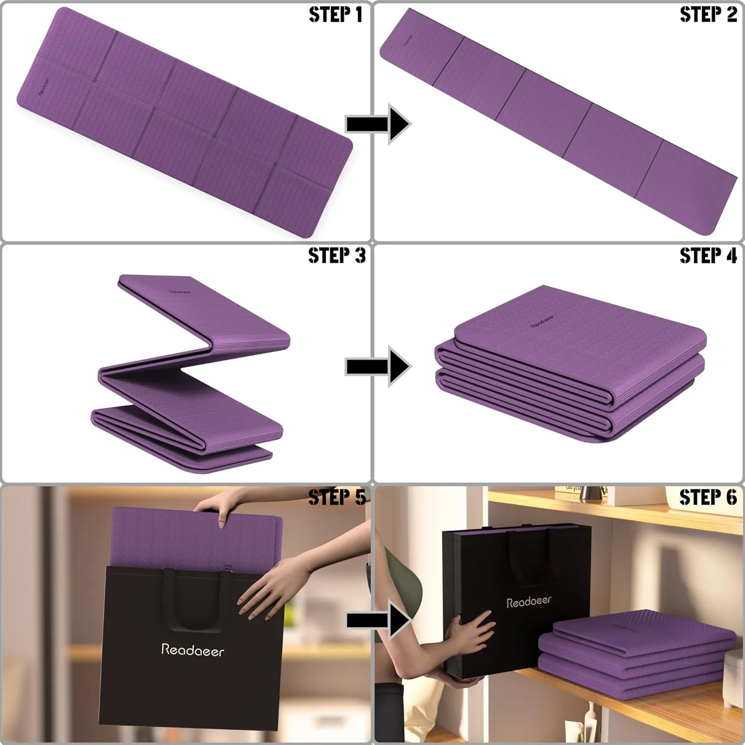 Readaeer Foldable Yoga Mat for Travel Folding Yoga Mat 6mm Thick with Carrying Bag, Non-Slip TPE Exercise Pilates Mat for 72" L x 24" W x 0.24 Inch