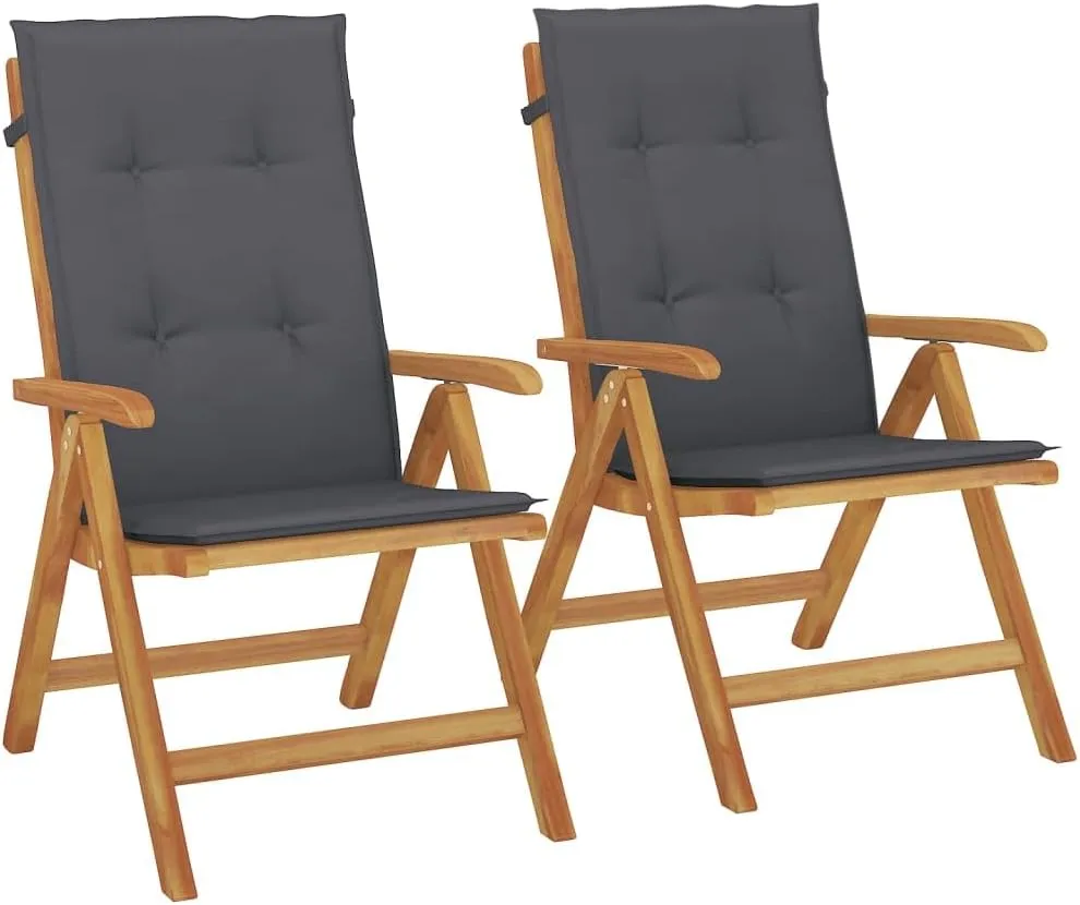 Reclining Patio Chairs with Cushions 2-Piece Set Solid Teak Wood Adjustable Foldable Outdoor Furniture for Poolside, Beach, Backyard
