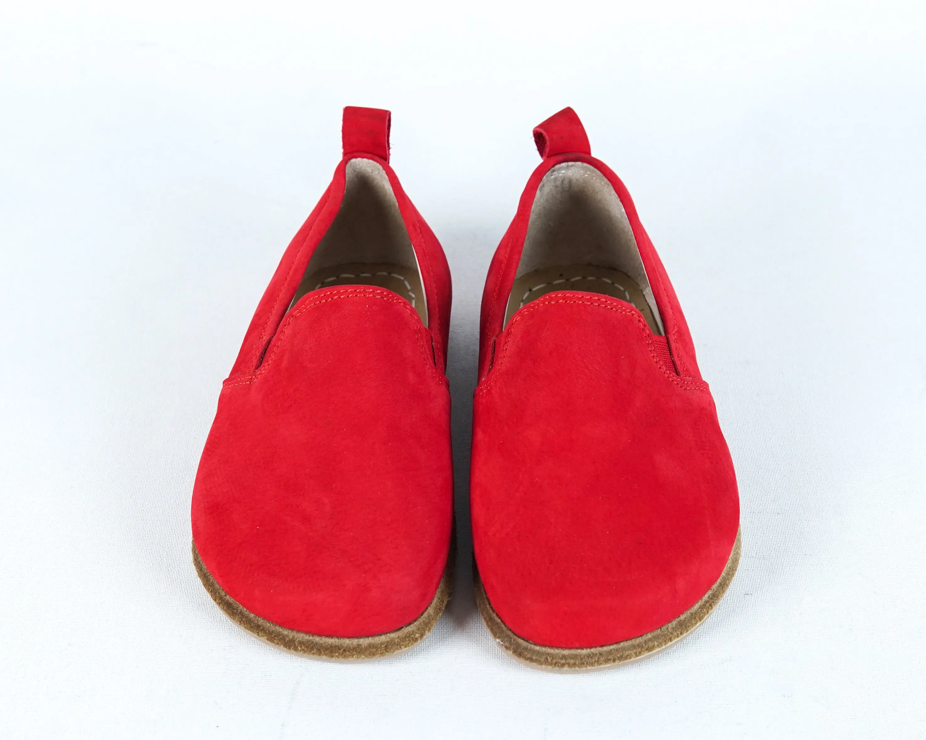 Red Kids Slip-On Wide Barefoot Shoes Nubuck Leather Handmade Leather & Rubber Sole