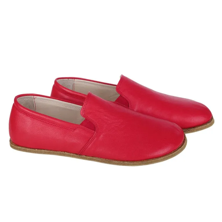 Red Slip-On Wide Barefoot Smooth Leather Handmade Classic Shoes