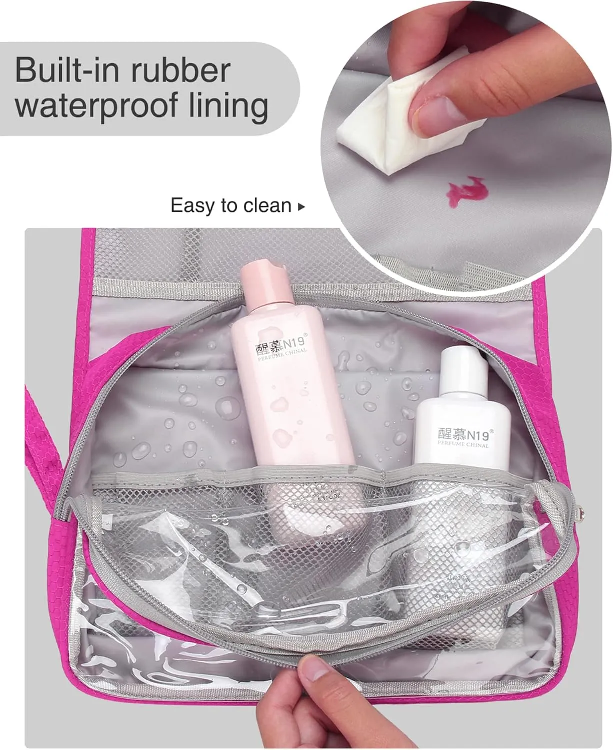 Relavel HangingTravel Toiletry Bag for Women, Large Capacity Toiletries Bag, Travel Essentials Organizer, Hanging Makeup Case for Accessories, Waterproof Bathroom Shower Bag (hot pink)