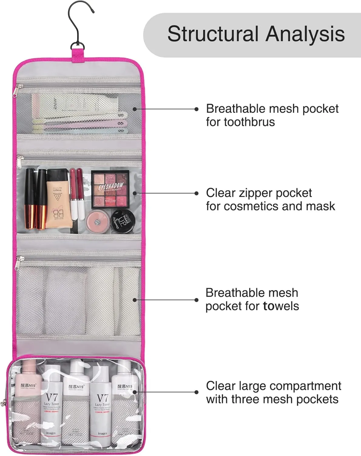 Relavel HangingTravel Toiletry Bag for Women, Large Capacity Toiletries Bag, Travel Essentials Organizer, Hanging Makeup Case for Accessories, Waterproof Bathroom Shower Bag (hot pink)