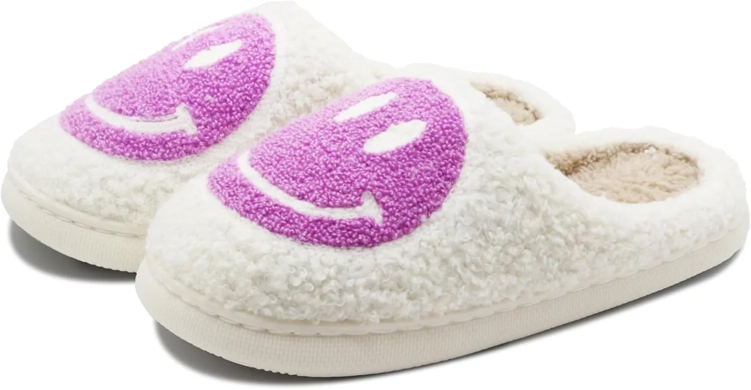 Retro Fuzzy Face Slippers for Women Men, Soft Plush Warm Slip-on Couple Style Casual Happy Face Slippers Cozy Indoor Outdoor Lightweight Anti-Skid Sole Cute House Slippers with Memory Foam