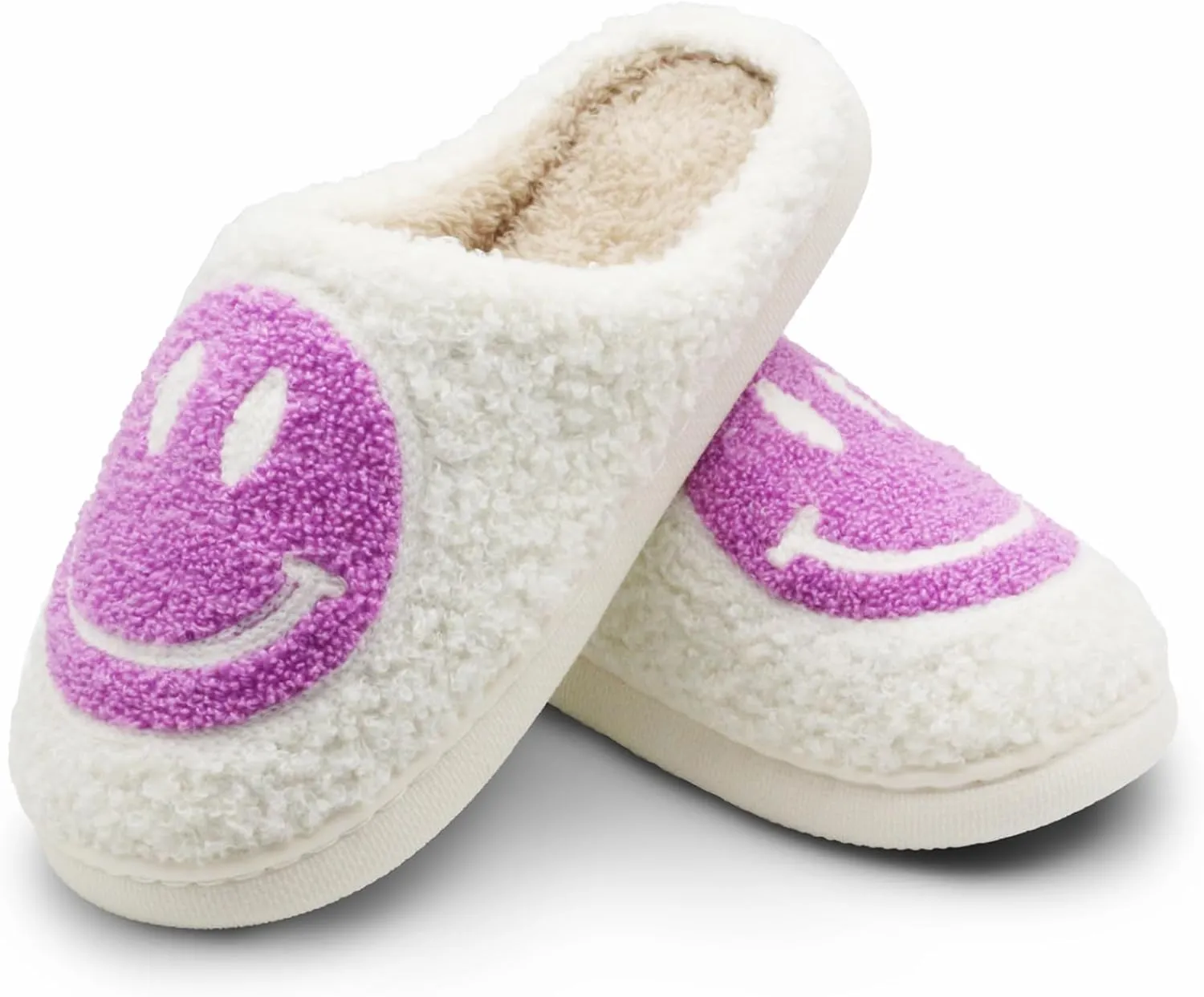 Retro Fuzzy Face Slippers for Women Men, Soft Plush Warm Slip-on Couple Style Casual Happy Face Slippers Cozy Indoor Outdoor Lightweight Anti-Skid Sole Cute House Slippers with Memory Foam