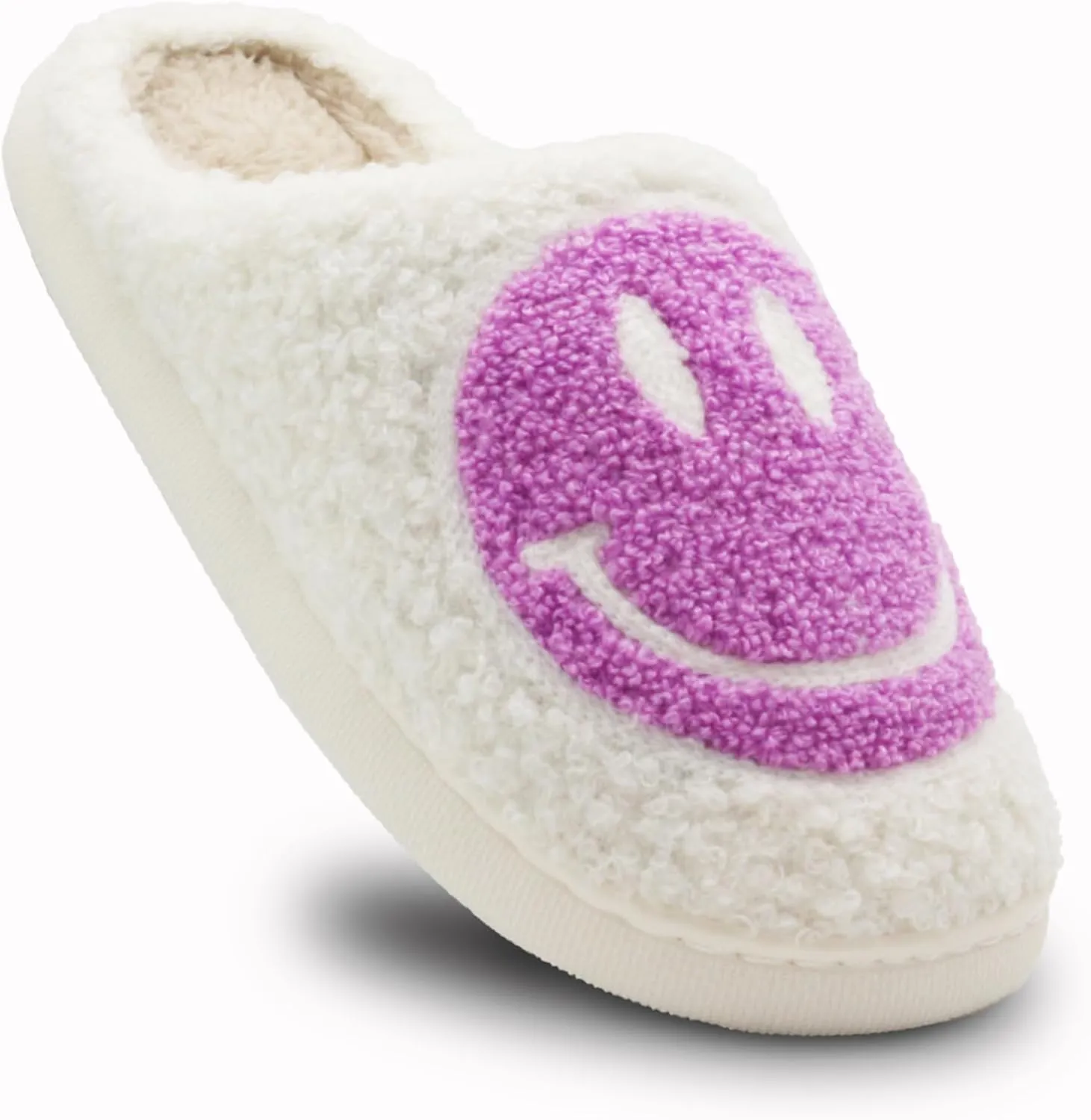 Retro Fuzzy Face Slippers for Women Men, Soft Plush Warm Slip-on Couple Style Casual Happy Face Slippers Cozy Indoor Outdoor Lightweight Anti-Skid Sole Cute House Slippers with Memory Foam