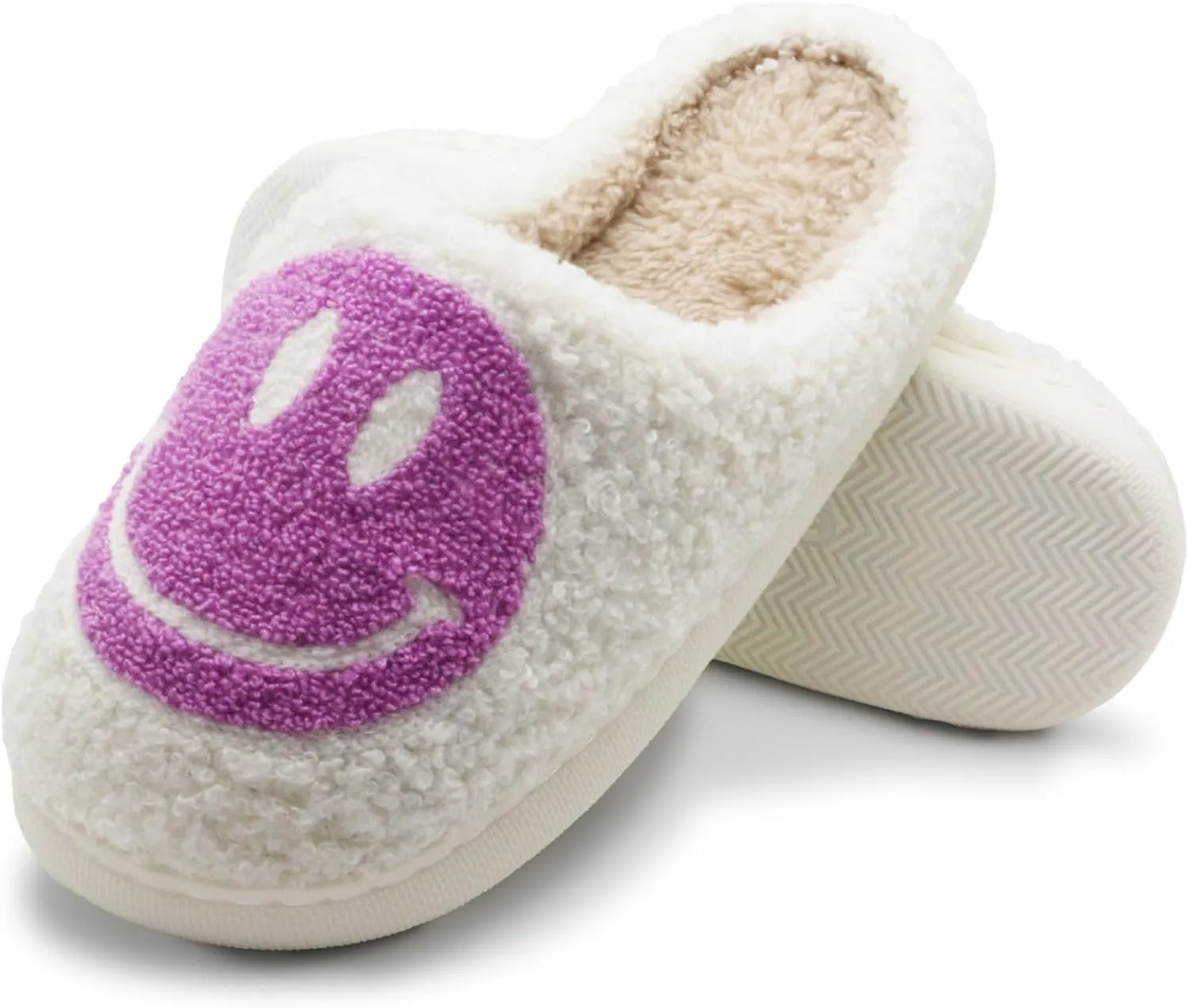 Retro Fuzzy Face Slippers for Women Men, Soft Plush Warm Slip-on Couple Style Casual Happy Face Slippers Cozy Indoor Outdoor Lightweight Anti-Skid Sole Cute House Slippers with Memory Foam
