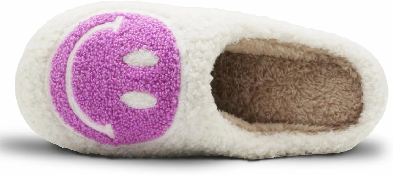 Retro Fuzzy Face Slippers for Women Men, Soft Plush Warm Slip-on Couple Style Casual Happy Face Slippers Cozy Indoor Outdoor Lightweight Anti-Skid Sole Cute House Slippers with Memory Foam