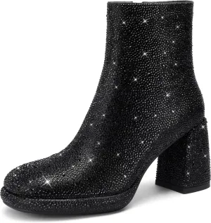 Rhinestone Boots For Women Chunky Block Heeled Sparkly Platform Ankle Booties Glitter Shoes Wedding Bride