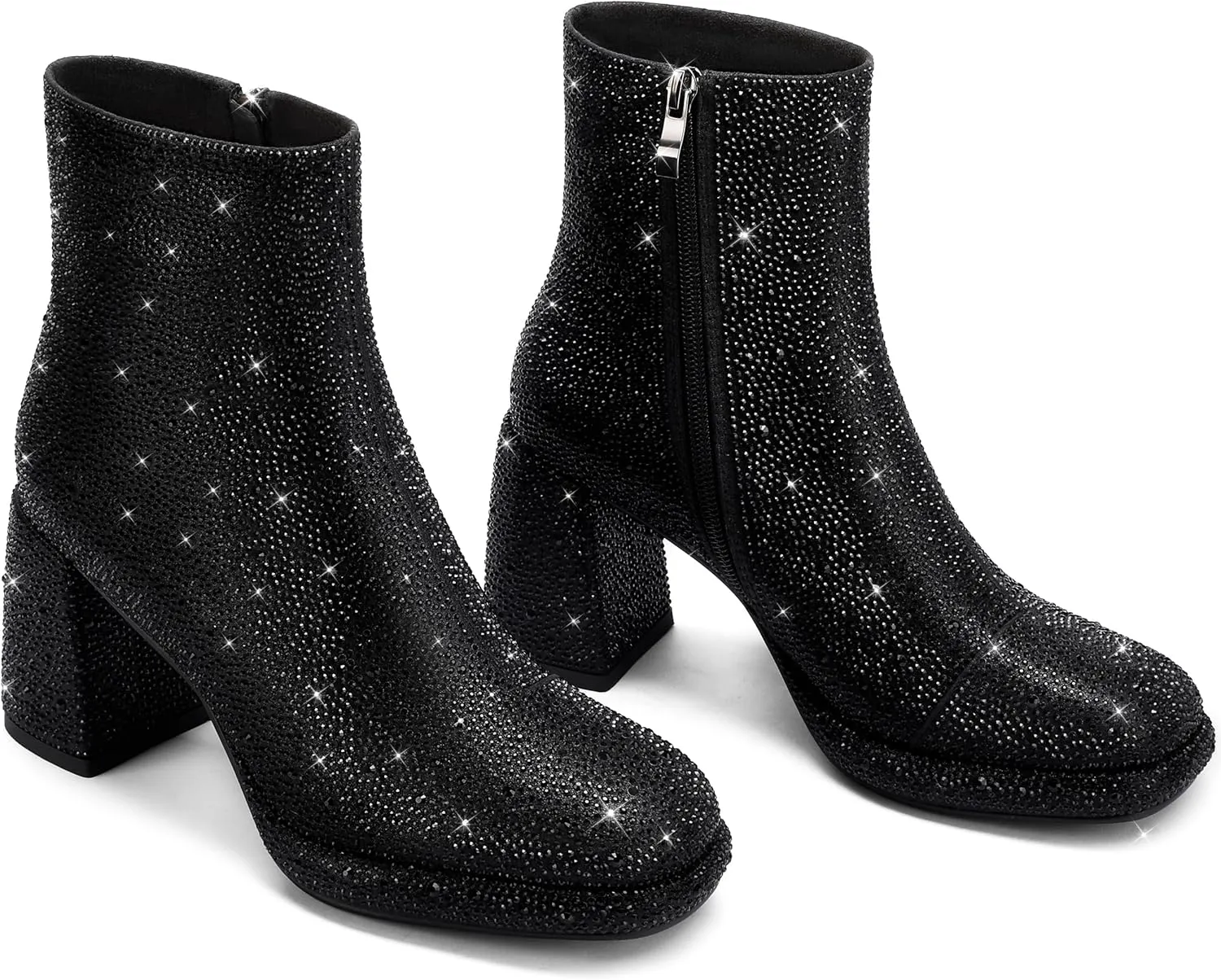 Rhinestone Boots For Women Chunky Block Heeled Sparkly Platform Ankle Booties Glitter Shoes Wedding Bride