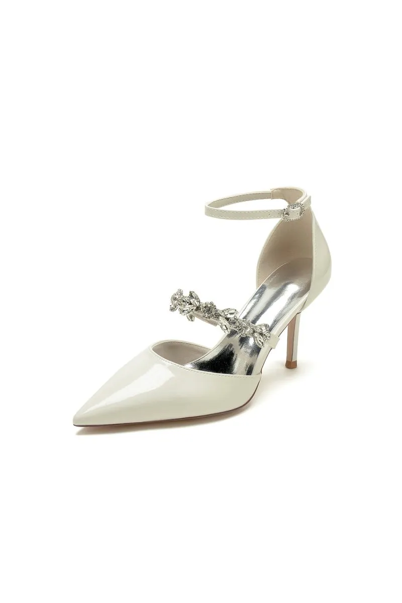 Rhinestone Leather Shoes with Ankle Strap