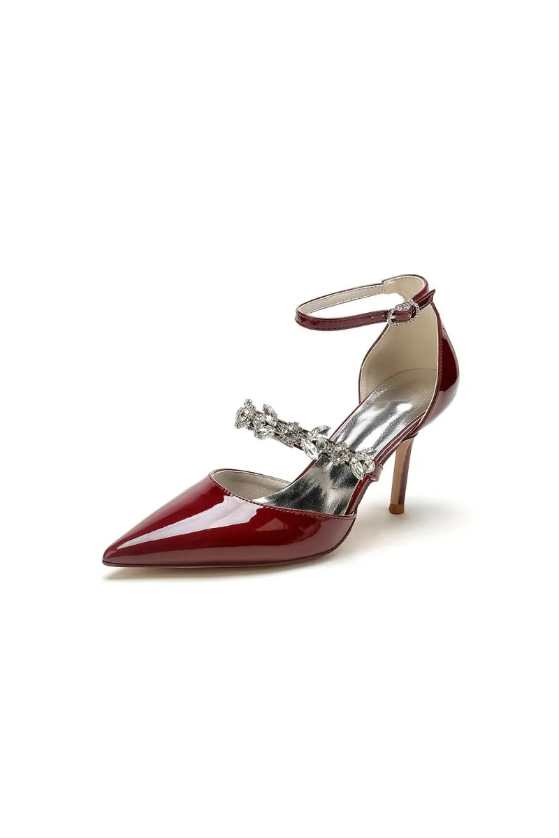 Rhinestone Leather Shoes with Ankle Strap