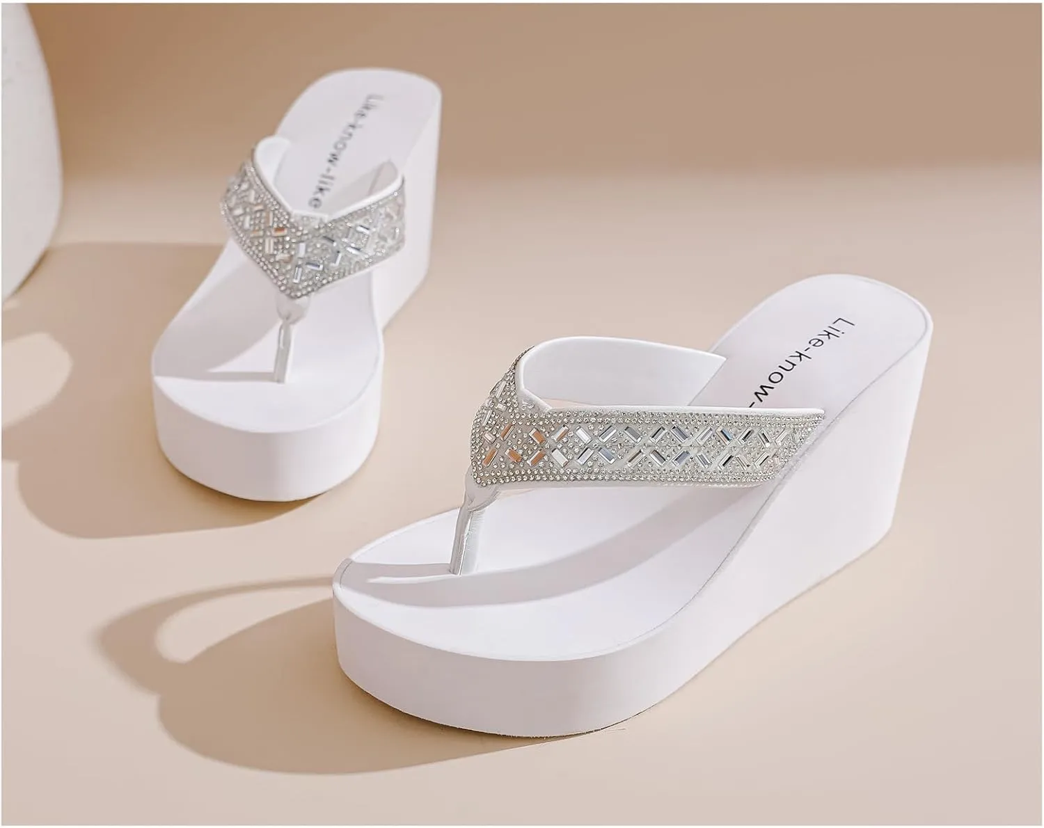 Rhinestone Wedge Sandals for Women Platform Flip Flops Wedge flip flops Wedding shoes Wedge Heels for Women Dressy