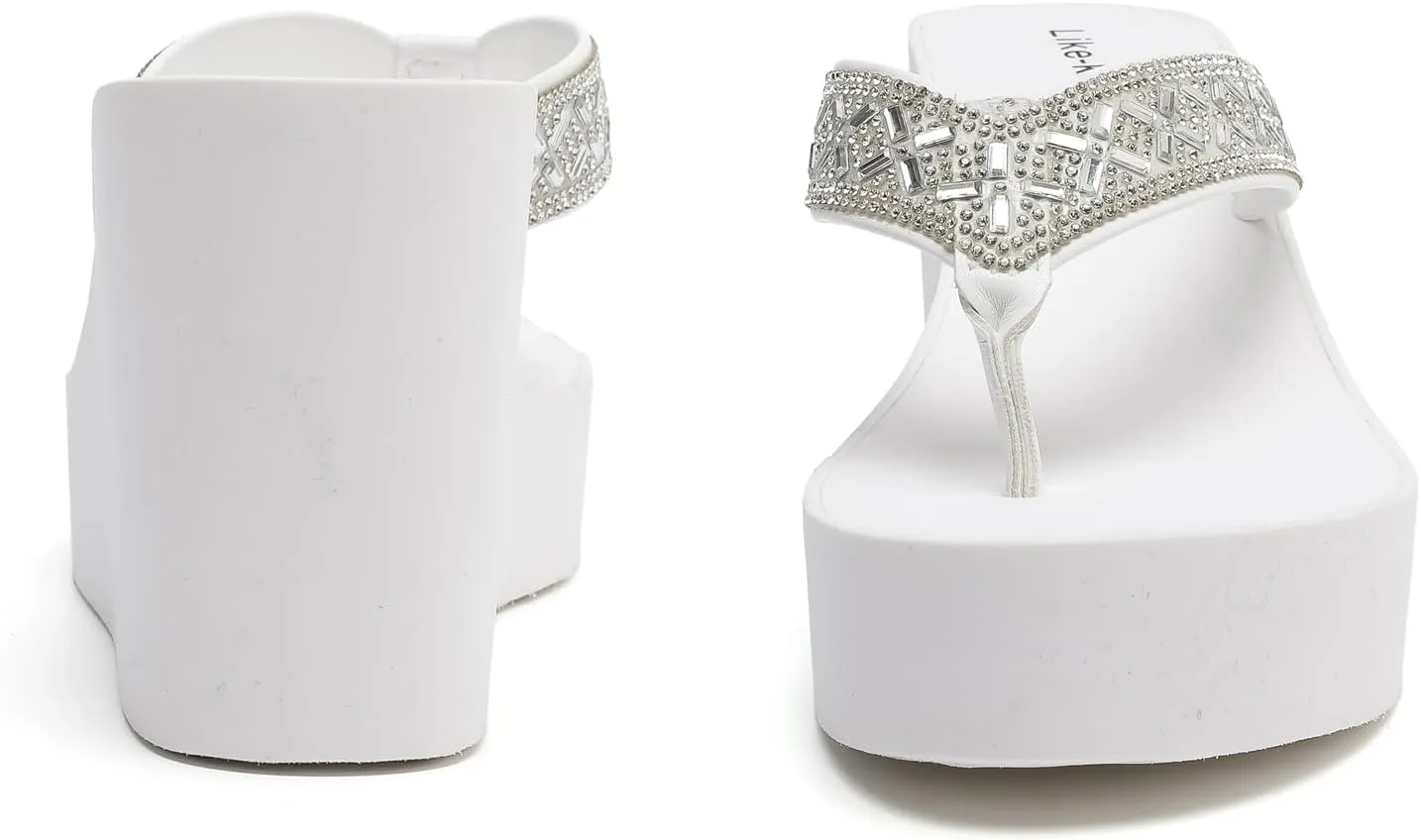 Rhinestone Wedge Sandals for Women Platform Flip Flops Wedge flip flops Wedding shoes Wedge Heels for Women Dressy
