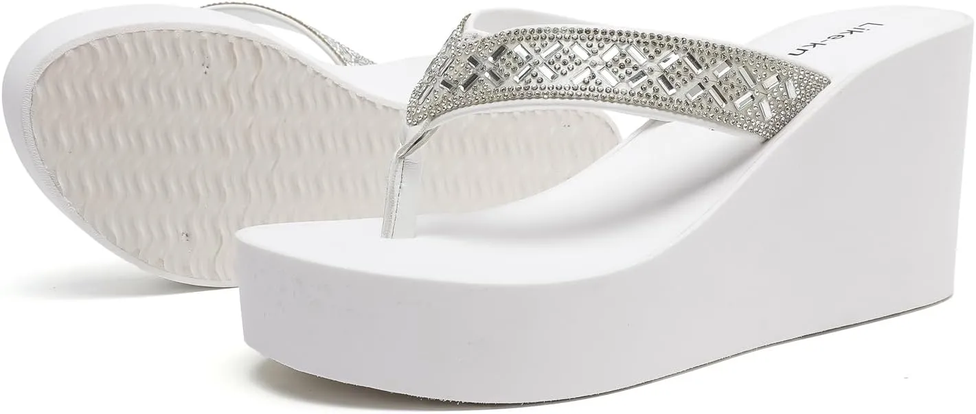 Rhinestone Wedge Sandals for Women Platform Flip Flops Wedge flip flops Wedding shoes Wedge Heels for Women Dressy