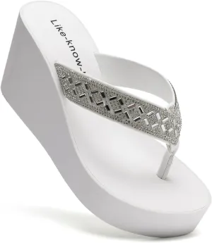 Rhinestone Wedge Sandals for Women Platform Flip Flops Wedge flip flops Wedding shoes Wedge Heels for Women Dressy