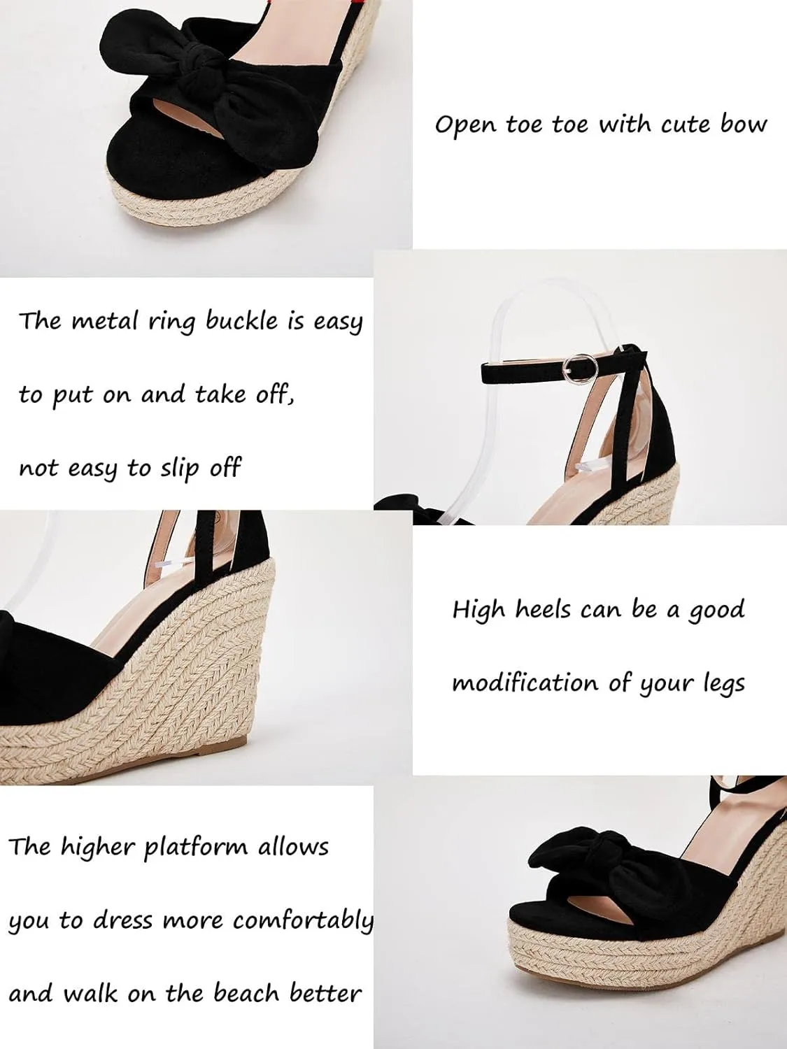 Rilista Womens Wedge Platform Sandals Cute Bowknot Open Toe Espadrille High Heels Buckle Ankle Strap Summer Shoes