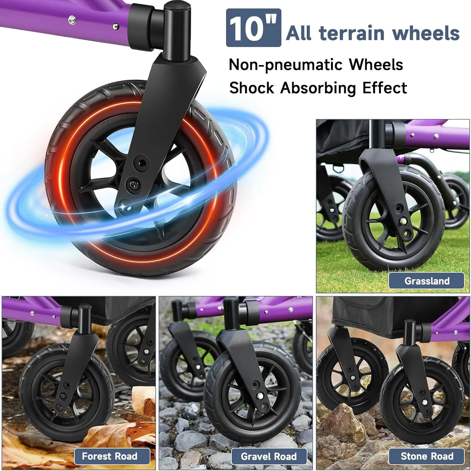 Rollator Walker for Seniors, Foldable All Terrain Rolling Walker with seat, Aluminum Walkers with 10 inch Rubber Wheels, Built-in Cable, Cup Holder, Adjustable Handles and Backrest for Seniors, Purple