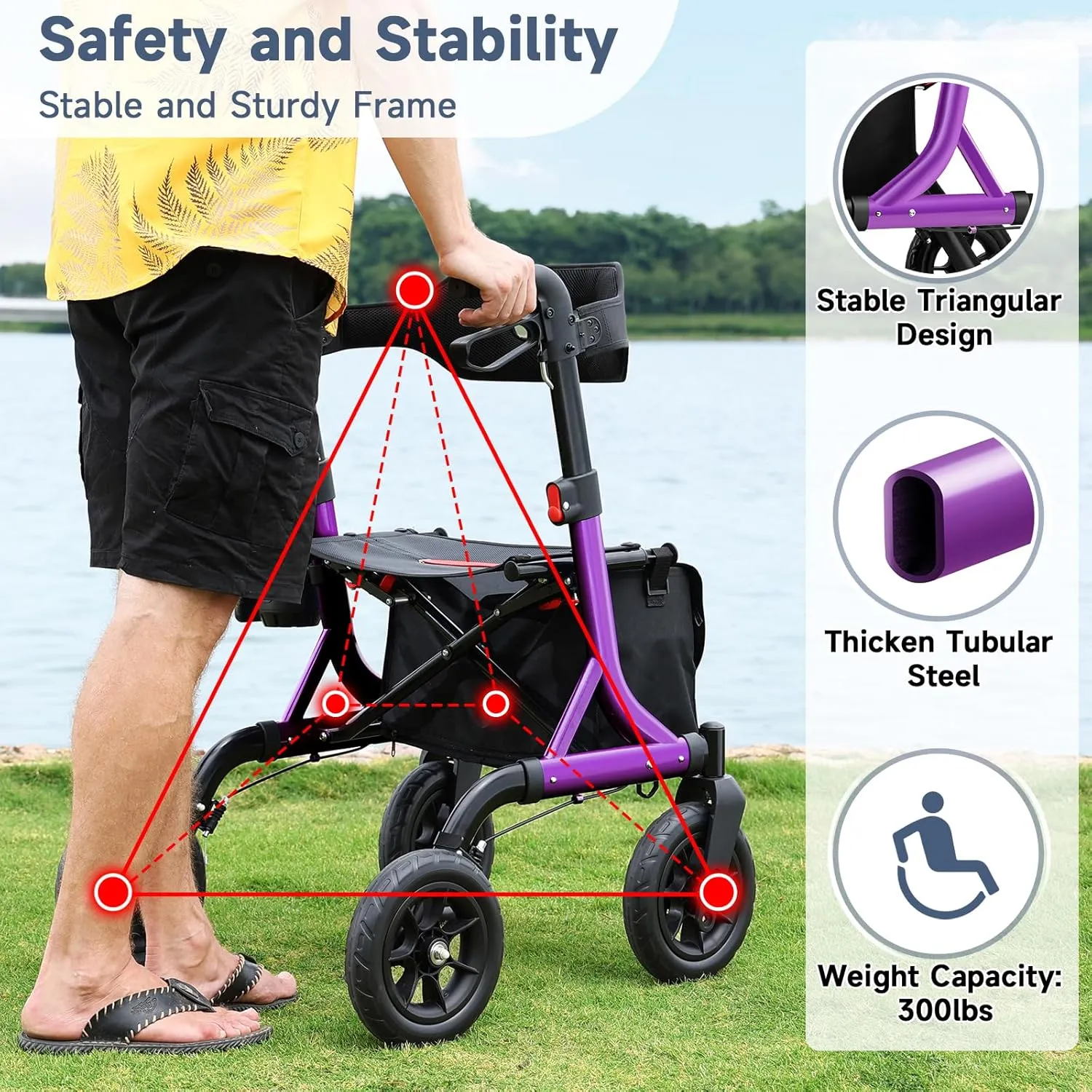 Rollator Walker for Seniors, Foldable All Terrain Rolling Walker with seat, Aluminum Walkers with 10 inch Rubber Wheels, Built-in Cable, Cup Holder, Adjustable Handles and Backrest for Seniors, Purple