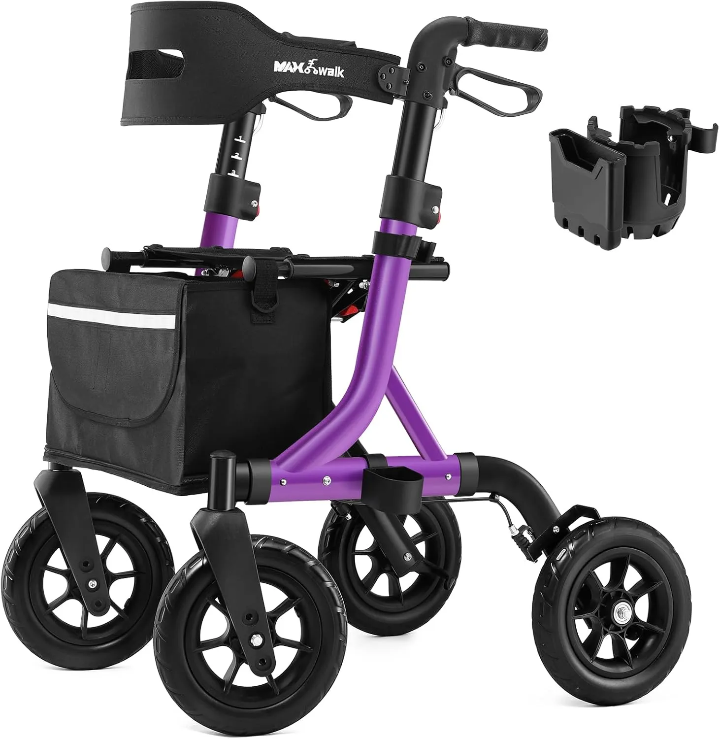 Rollator Walker for Seniors, Foldable All Terrain Rolling Walker with seat, Aluminum Walkers with 10 inch Rubber Wheels, Built-in Cable, Cup Holder, Adjustable Handles and Backrest for Seniors, Purple