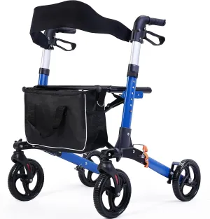 Rollator Walker with Seat, Rollator Walker for Seniors Lightweight Foldable Drive Walkers with Seat & 8'' Wheels, Aluminum Frame (Blue)