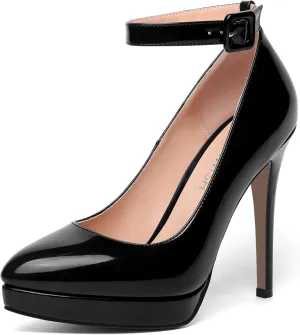 ROSERWISH Womens Ankle Strap Platform Elegant Pointed Toe Night Club Buckle Sexy Patent Stiletto High Heel Pumps Dress Shoes 4.7 Inch