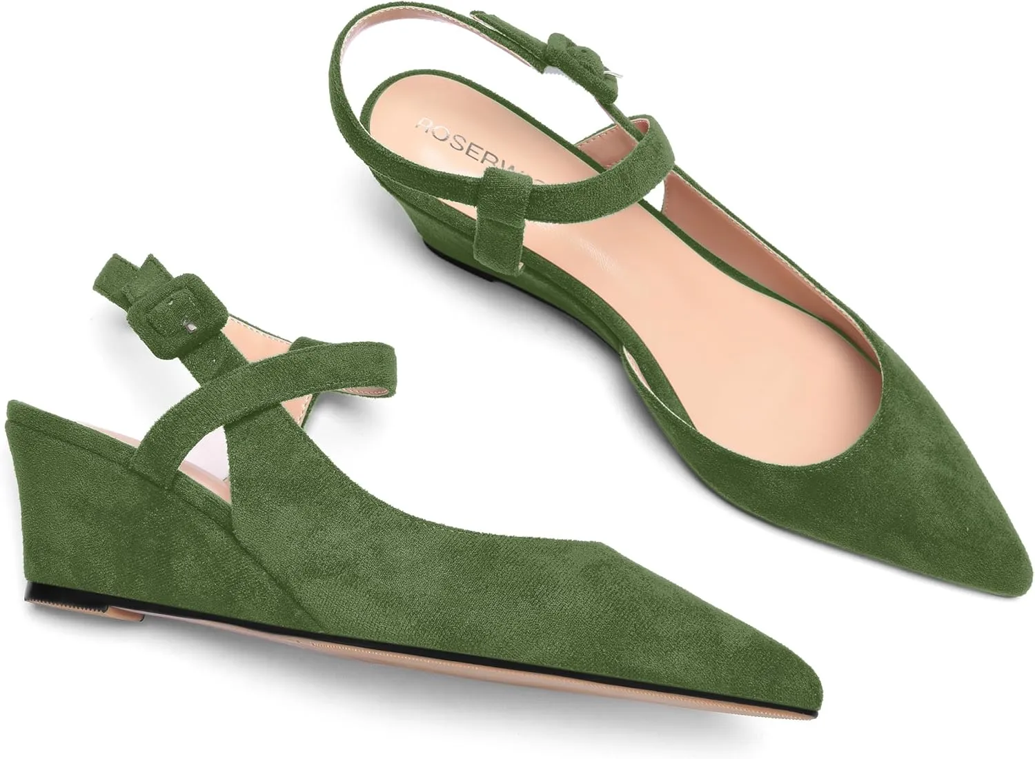 ROSERWISH Womens Buckle Ankle Strap Wedding Suede Fashion Elegant Pointed Toe Wedge Low Heel Pumps Dress Shoes 2 Inch