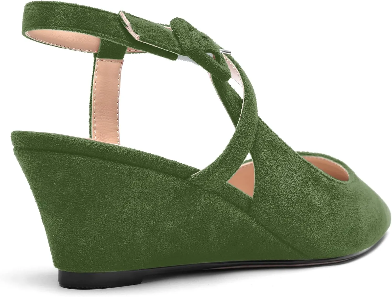 ROSERWISH Womens Buckle Ankle Strap Wedding Suede Fashion Elegant Pointed Toe Wedge Low Heel Pumps Dress Shoes 2 Inch