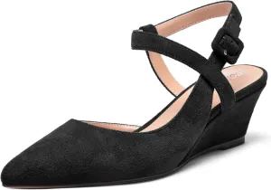 ROSERWISH Womens Buckle Ankle Strap Wedding Suede Fashion Elegant Pointed Toe Wedge Low Heel Pumps Dress Shoes 2 Inch