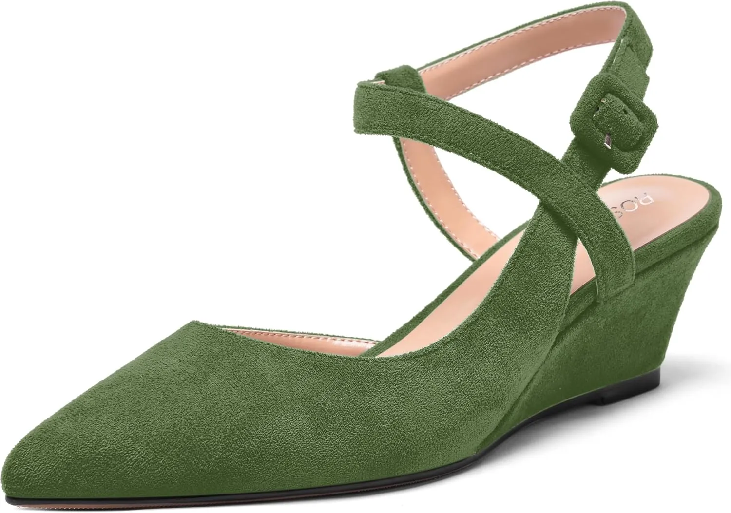 ROSERWISH Womens Buckle Ankle Strap Wedding Suede Fashion Elegant Pointed Toe Wedge Low Heel Pumps Dress Shoes 2 Inch
