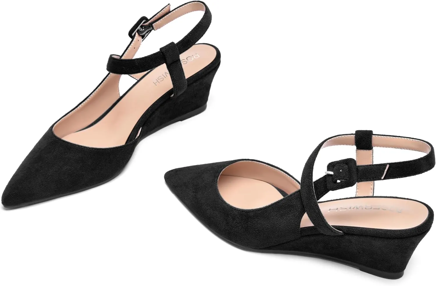ROSERWISH Womens Buckle Ankle Strap Wedding Suede Fashion Elegant Pointed Toe Wedge Low Heel Pumps Dress Shoes 2 Inch