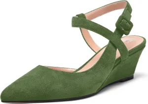 ROSERWISH Womens Buckle Ankle Strap Wedding Suede Fashion Elegant Pointed Toe Wedge Low Heel Pumps Dress Shoes 2 Inch