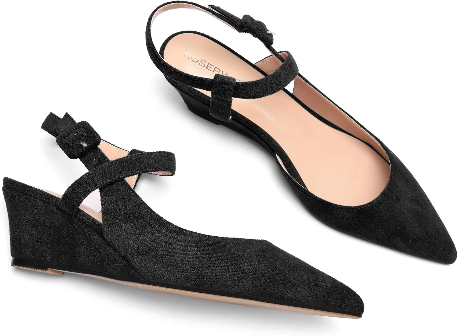 ROSERWISH Womens Buckle Ankle Strap Wedding Suede Fashion Elegant Pointed Toe Wedge Low Heel Pumps Dress Shoes 2 Inch