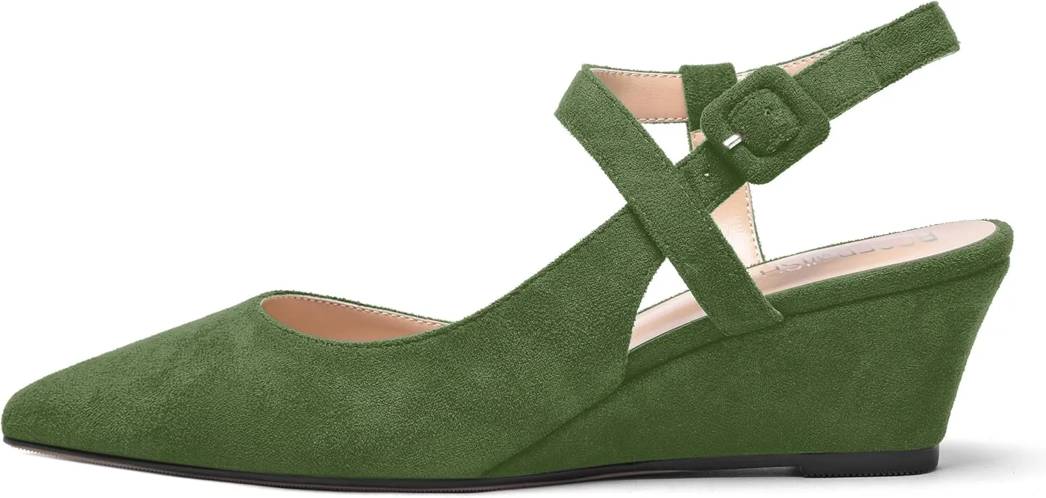 ROSERWISH Womens Buckle Ankle Strap Wedding Suede Fashion Elegant Pointed Toe Wedge Low Heel Pumps Dress Shoes 2 Inch