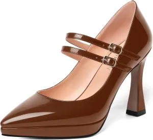 ROSERWISH Womens Platform Wedding Buckle Ankle Strap Pointed Toe Sexy Patent Party Stiletto High Heel Pumps Dress Shoes 4 Inch