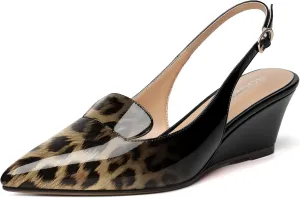 ROSERWISH Womens Pointed Toe Slingback Patent Party Office Buckle Dress Wedge Low Heel Pumps Shoes 2 Inch