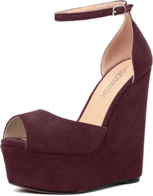 ROSERWISH Womens Sexy Peep Toe Night Club Ankle Strap Suede Buckle Platform Fashion Wedge High Heel Pumps Shoes 6 Inch