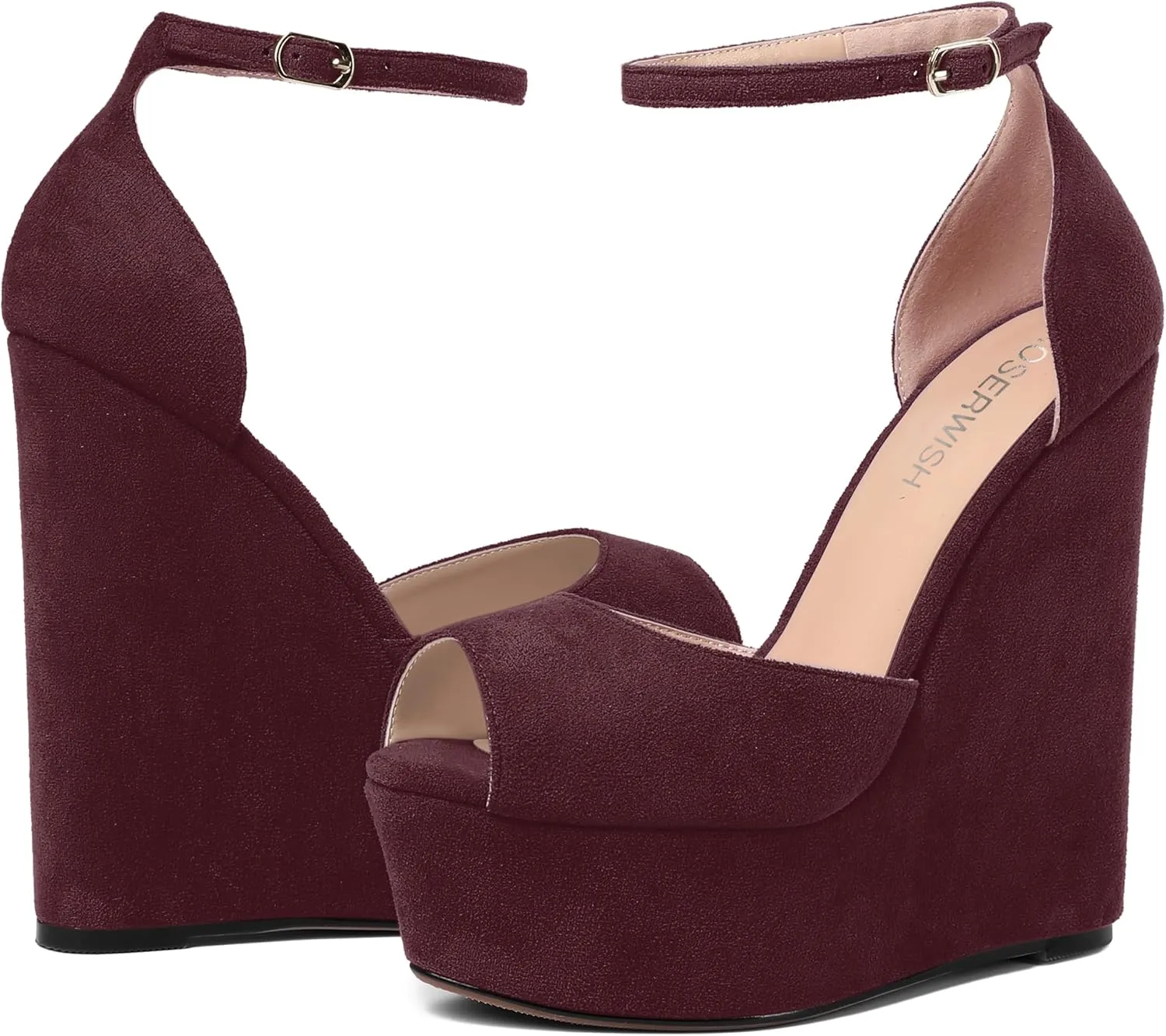 ROSERWISH Womens Sexy Peep Toe Night Club Ankle Strap Suede Buckle Platform Fashion Wedge High Heel Pumps Shoes 6 Inch