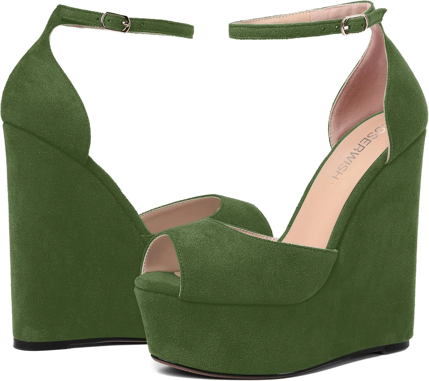 ROSERWISH Womens Sexy Peep Toe Night Club Ankle Strap Suede Buckle Platform Fashion Wedge High Heel Pumps Shoes 6 Inch