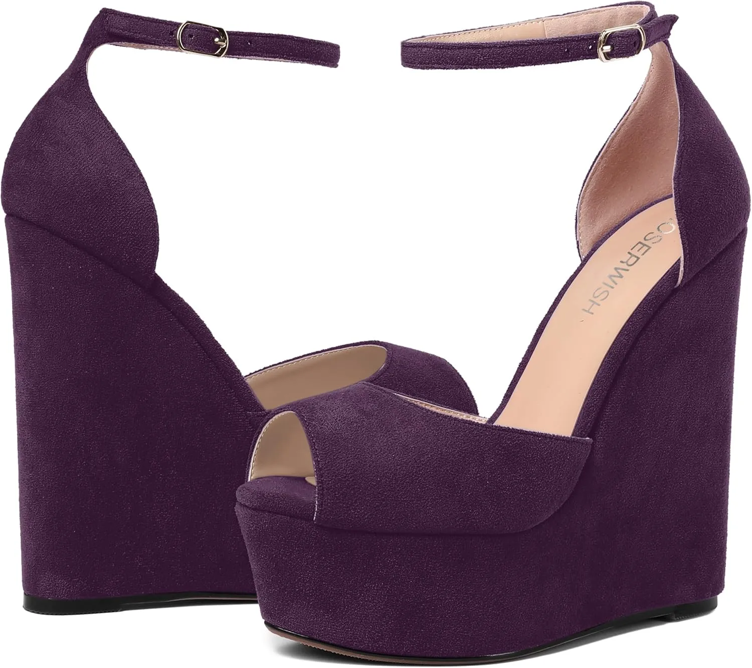 ROSERWISH Womens Sexy Peep Toe Night Club Ankle Strap Suede Buckle Platform Fashion Wedge High Heel Pumps Shoes 6 Inch