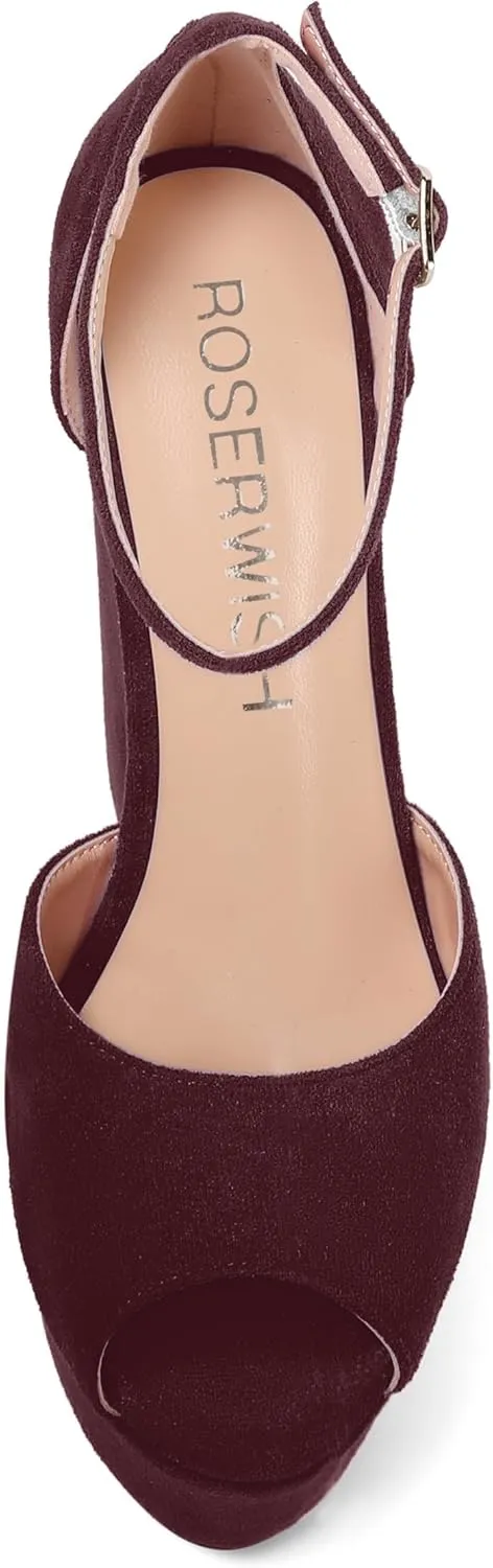 ROSERWISH Womens Sexy Peep Toe Night Club Ankle Strap Suede Buckle Platform Fashion Wedge High Heel Pumps Shoes 6 Inch