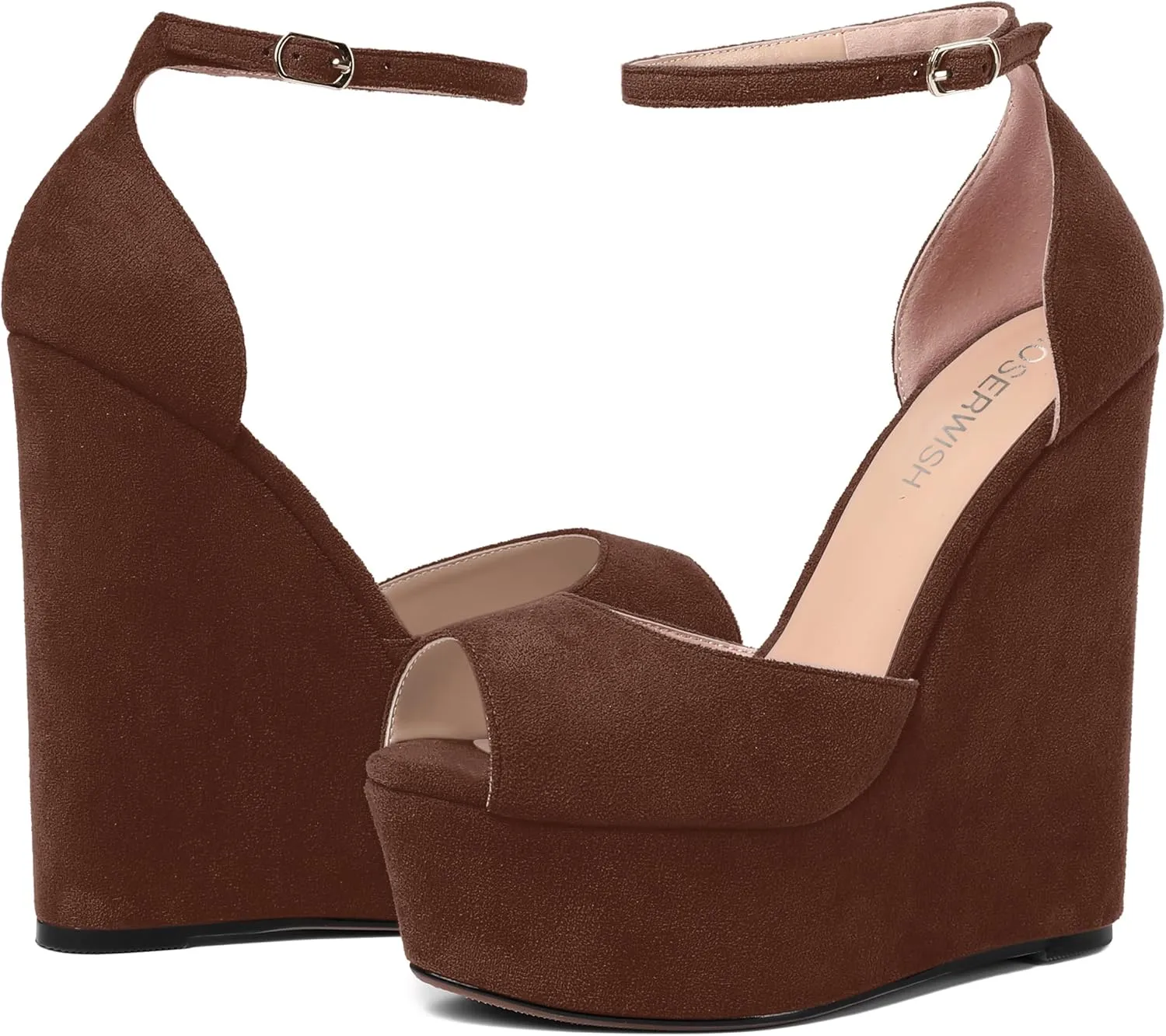 ROSERWISH Womens Sexy Peep Toe Night Club Ankle Strap Suede Buckle Platform Fashion Wedge High Heel Pumps Shoes 6 Inch