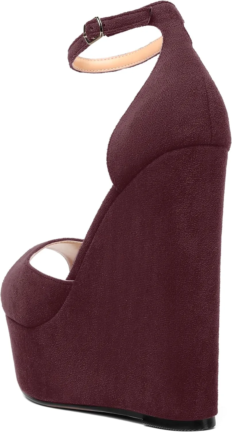 ROSERWISH Womens Sexy Peep Toe Night Club Ankle Strap Suede Buckle Platform Fashion Wedge High Heel Pumps Shoes 6 Inch