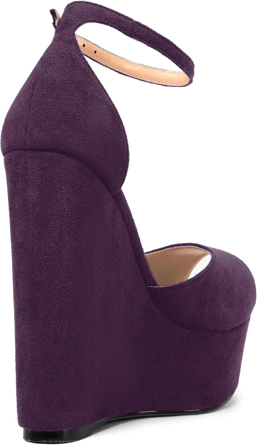 ROSERWISH Womens Sexy Peep Toe Night Club Ankle Strap Suede Buckle Platform Fashion Wedge High Heel Pumps Shoes 6 Inch