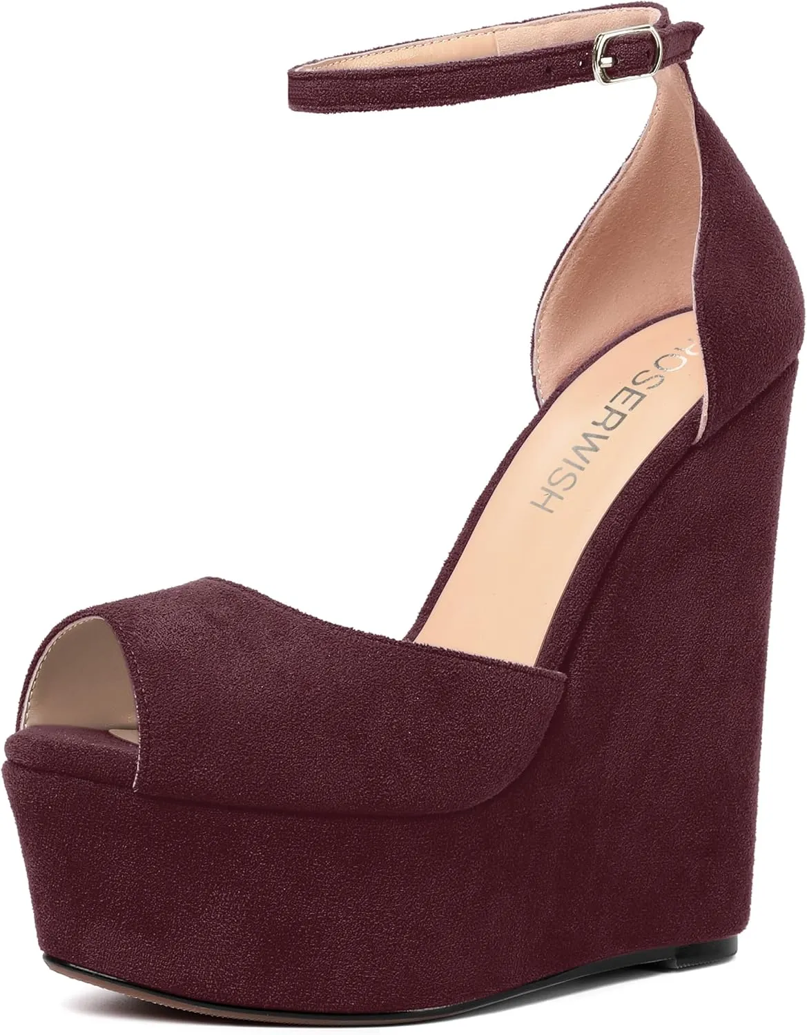 ROSERWISH Womens Sexy Peep Toe Night Club Ankle Strap Suede Buckle Platform Fashion Wedge High Heel Pumps Shoes 6 Inch