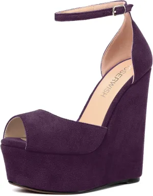 ROSERWISH Womens Sexy Peep Toe Night Club Ankle Strap Suede Buckle Platform Fashion Wedge High Heel Pumps Shoes 6 Inch