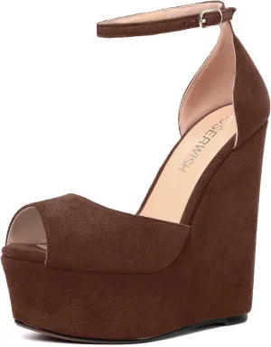 ROSERWISH Womens Sexy Peep Toe Night Club Ankle Strap Suede Buckle Platform Fashion Wedge High Heel Pumps Shoes 6 Inch