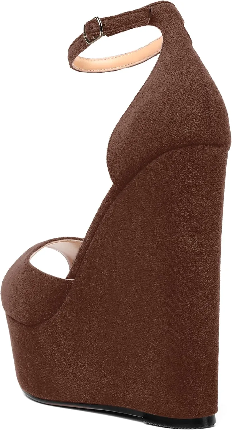 ROSERWISH Womens Sexy Peep Toe Night Club Ankle Strap Suede Buckle Platform Fashion Wedge High Heel Pumps Shoes 6 Inch