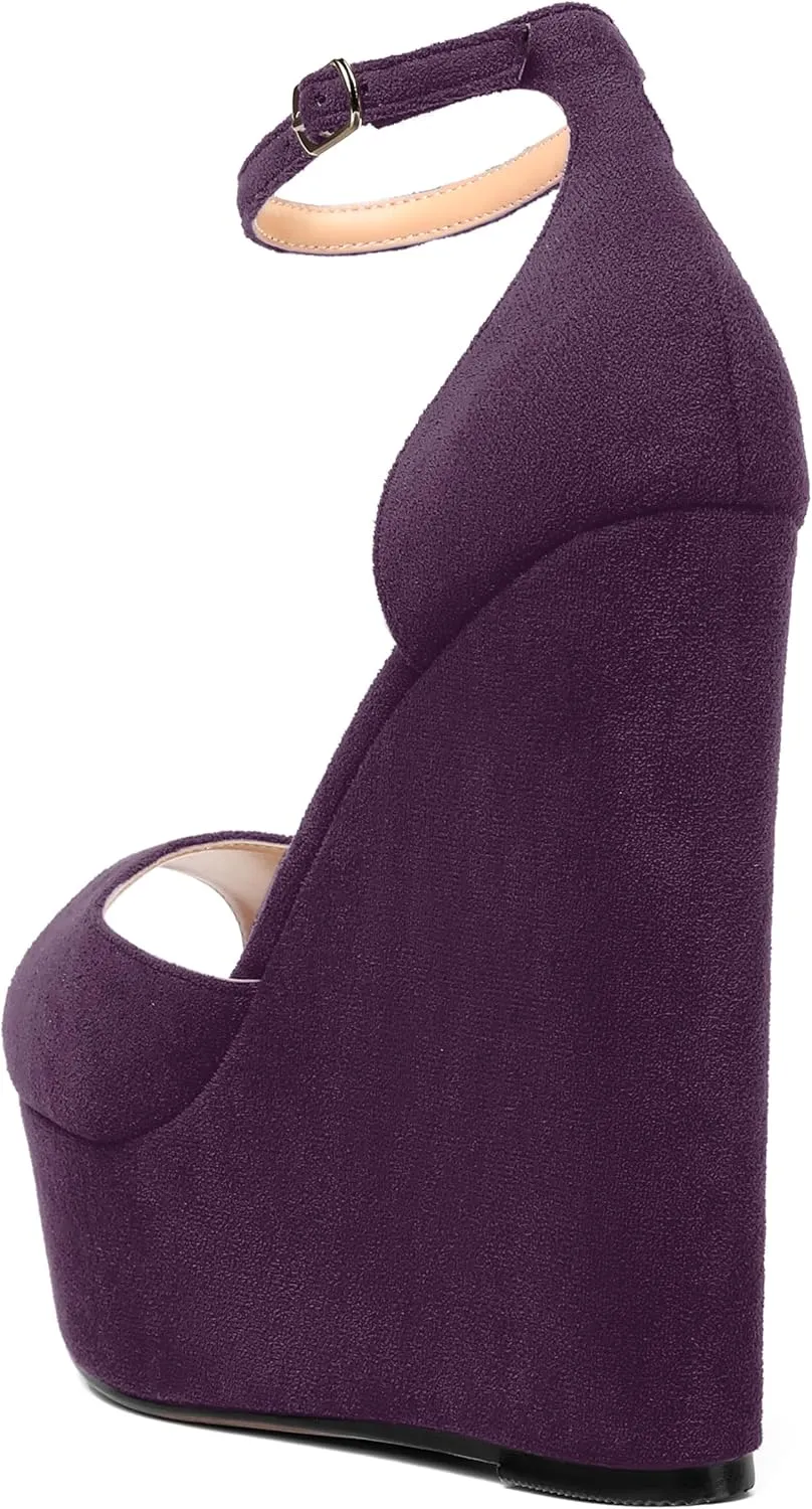 ROSERWISH Womens Sexy Peep Toe Night Club Ankle Strap Suede Buckle Platform Fashion Wedge High Heel Pumps Shoes 6 Inch
